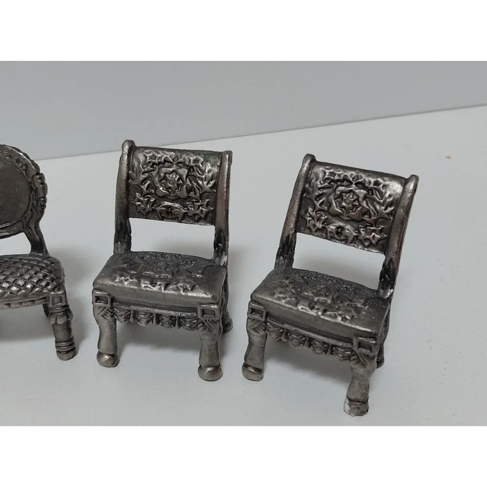 Vintage Miniature Pewter Chairs Set of 8 Victorian Dollhouse Furniture Six Trees